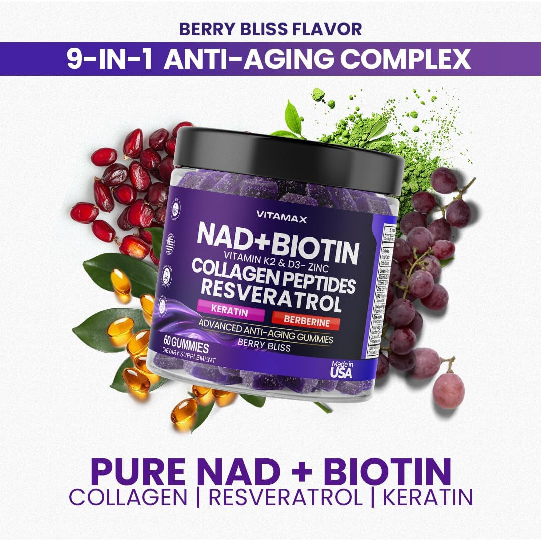 NAD+, Resveratrol, Berberine, & Biotin Anti-Aging Gummy - Hair, Skin, Nails & Joint Supplement - Made in USA 60 Count