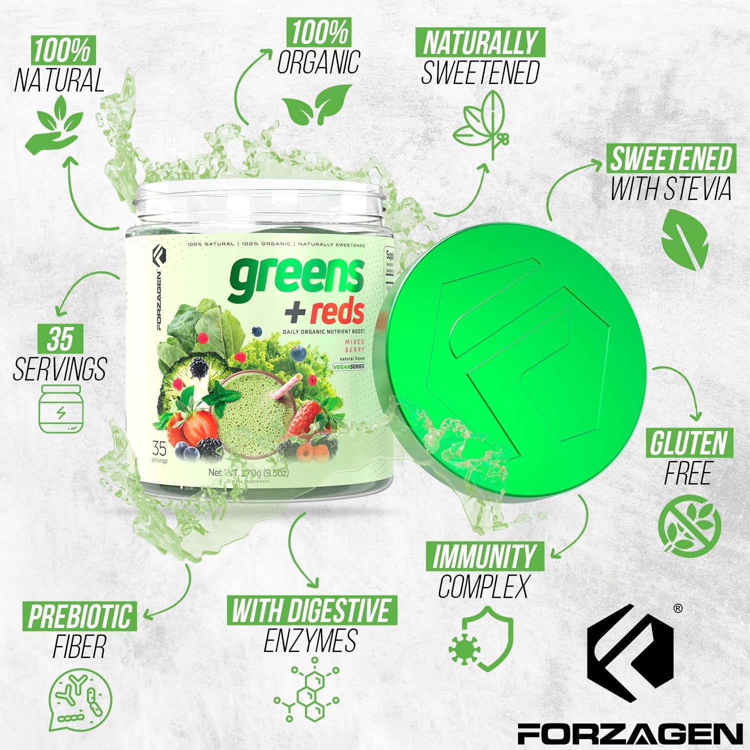 Forzagen Vegan Greens & Reds Superfood Powder - 35 Servings