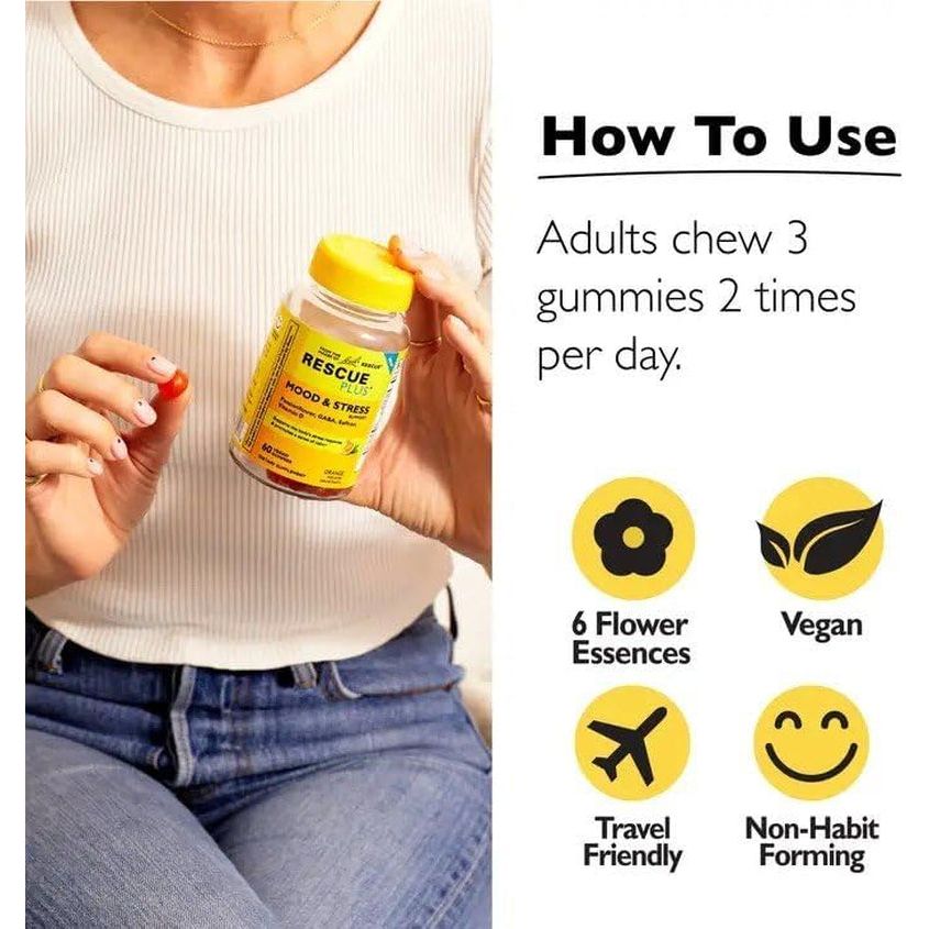 RESCUE Bach plus Mood & Stress Support Gummies with Passionflower, GABA, Saffron & Vitamin D, 60 Count