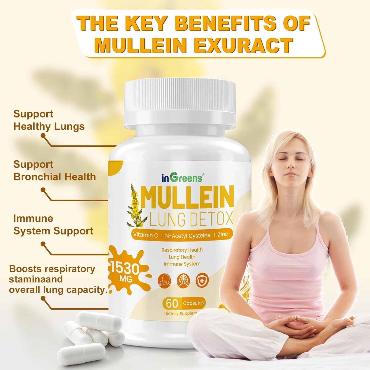 Mullein Leaf Extract 1530 MG, 15-In-1 Lung Cleanse - 60 Capsules