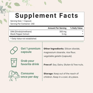 DIM Active Supplement, DIM 300Mg, 240 Veggie Capsules, 2 in 1 Formula, Estrogen Metabolism