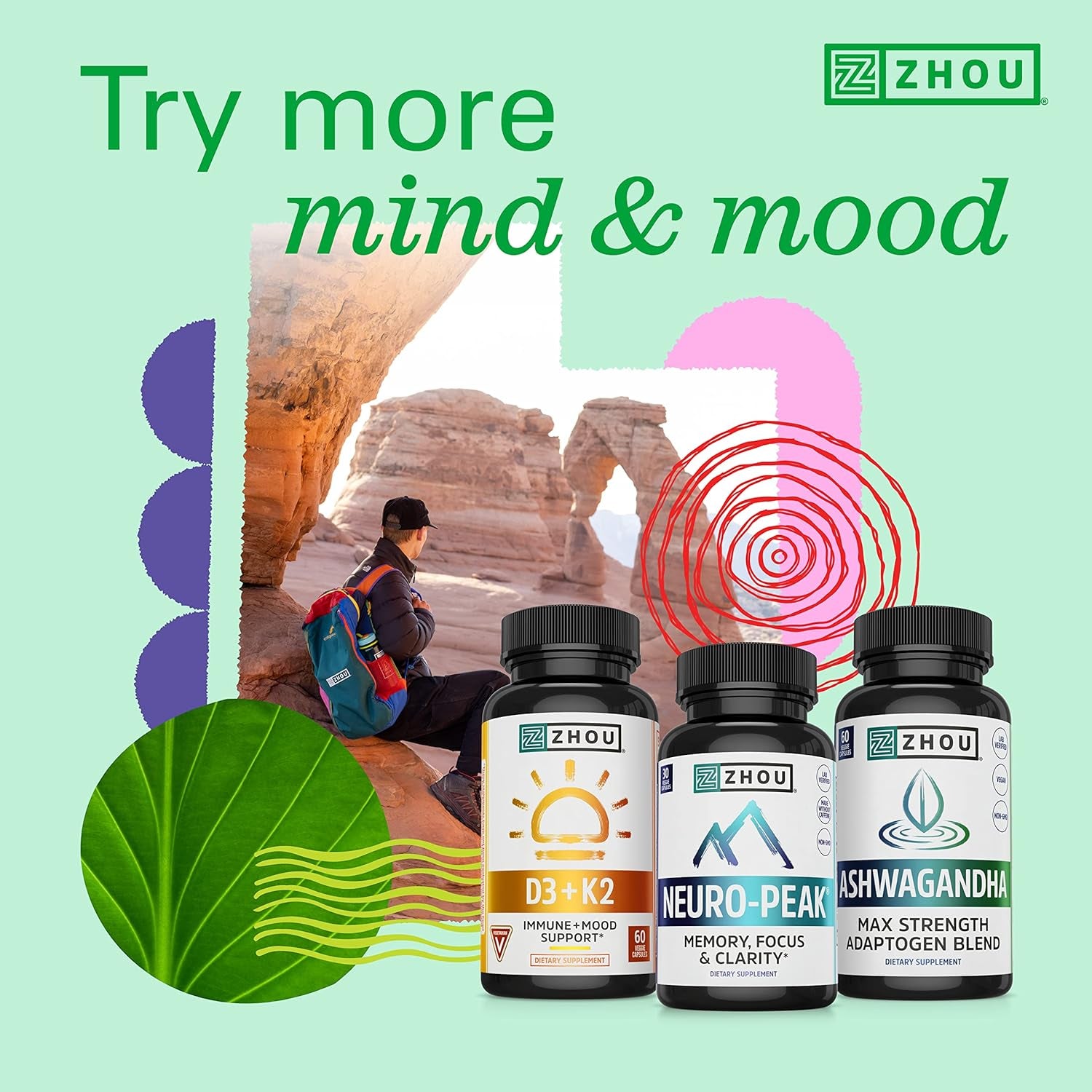 Zhou Natural Caffeine Pills 100Mg with L-Theanine 200Mg, Nootropic Supplement, Clean Energy 60 Capsules