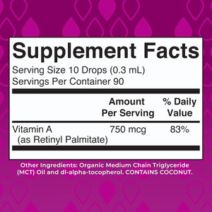 Maryruth Organics USDA Organic Vitamin A Liquid Drops for Immune Support, Eye Health, Skin Health for Ages 14+ | 3 Month Supply/10z