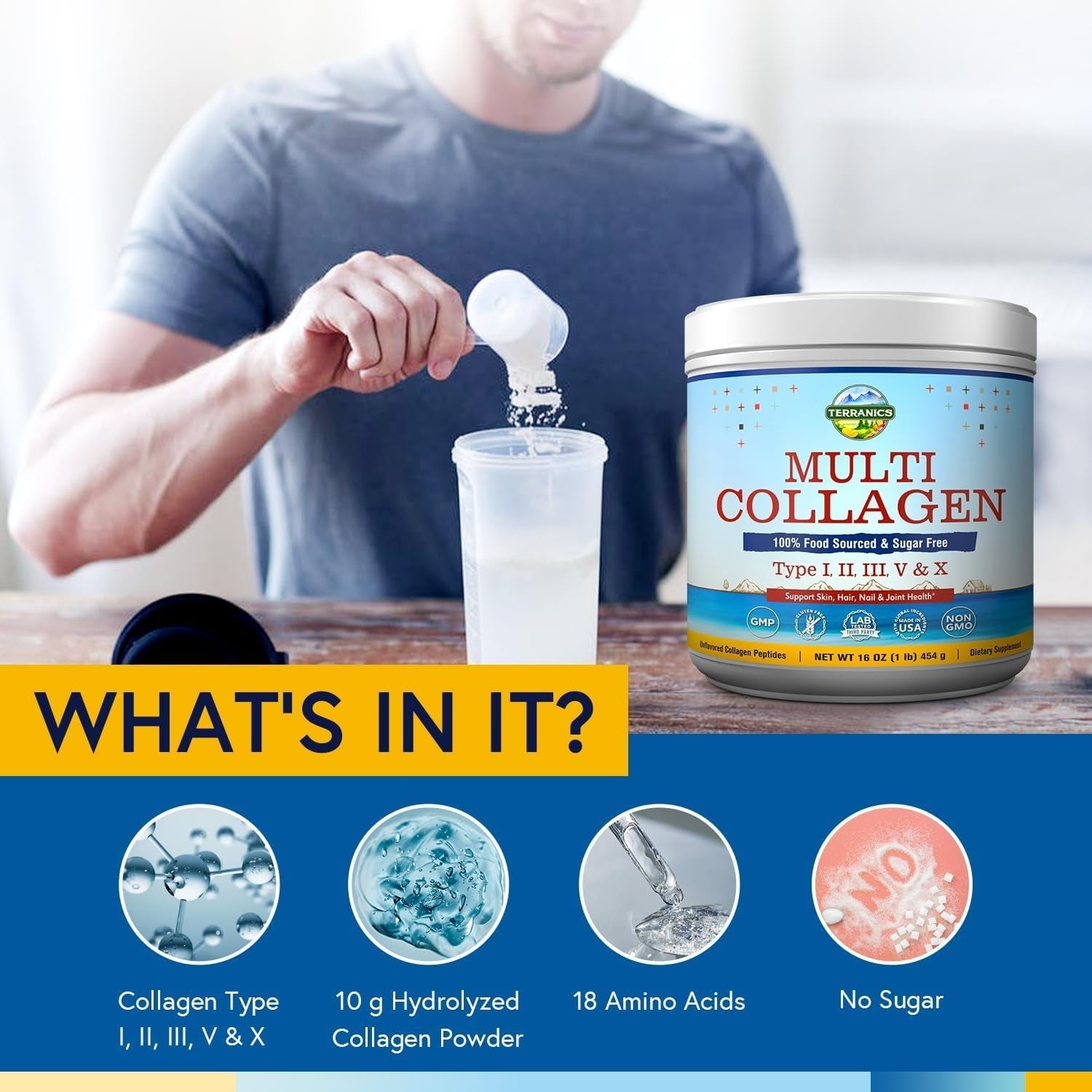 Terranics Multi Collagen Peptides Powder, Type I II III V X Hydrolyzed Collagen for Women+Men, 16Oz