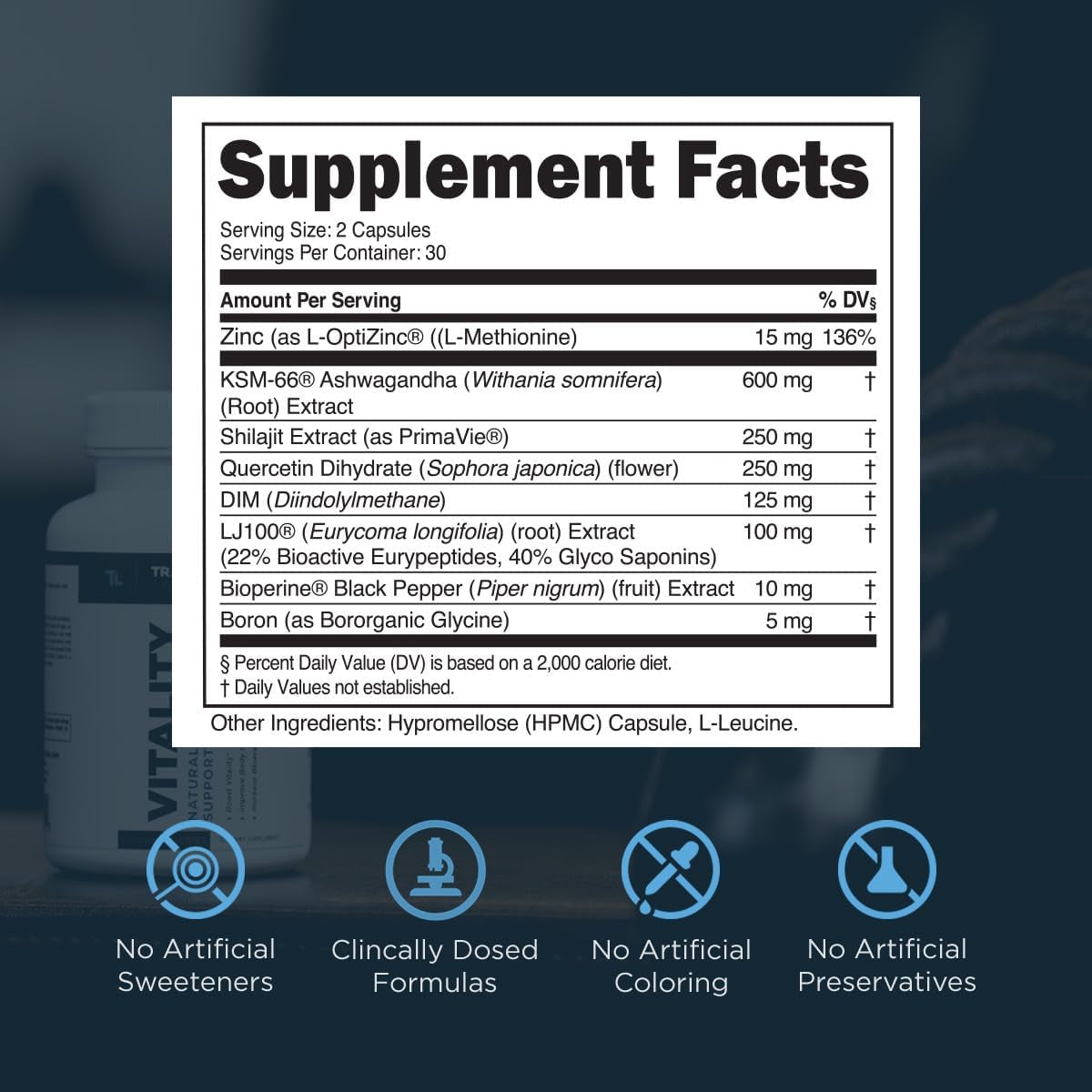Transparent Labs Vitality Testosterone Booster with Ashwagandha KSM-66, Primavie Shilajit Extract, & DIM - 60 Count