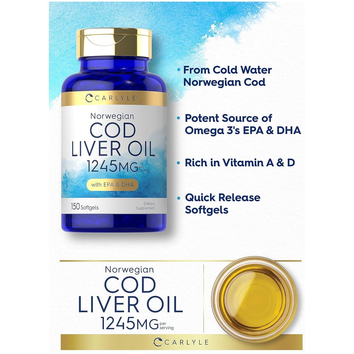 Carlyle Norwegian Cod Liver Oil with EPA & DHA | 1245Mg | 150 Softgels