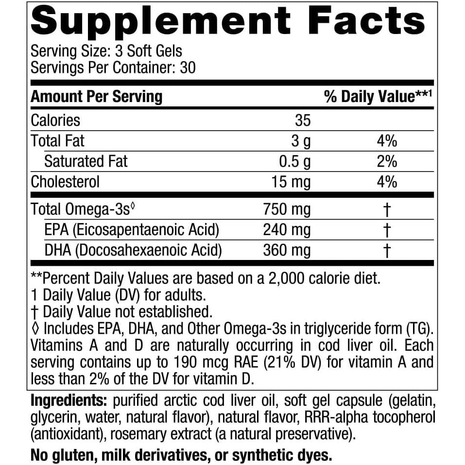 Nordic Naturals Arctic Cod Liver Oil, Lemon - 750 Mg Total Omega-3S with EPA & DHA 30 Servings