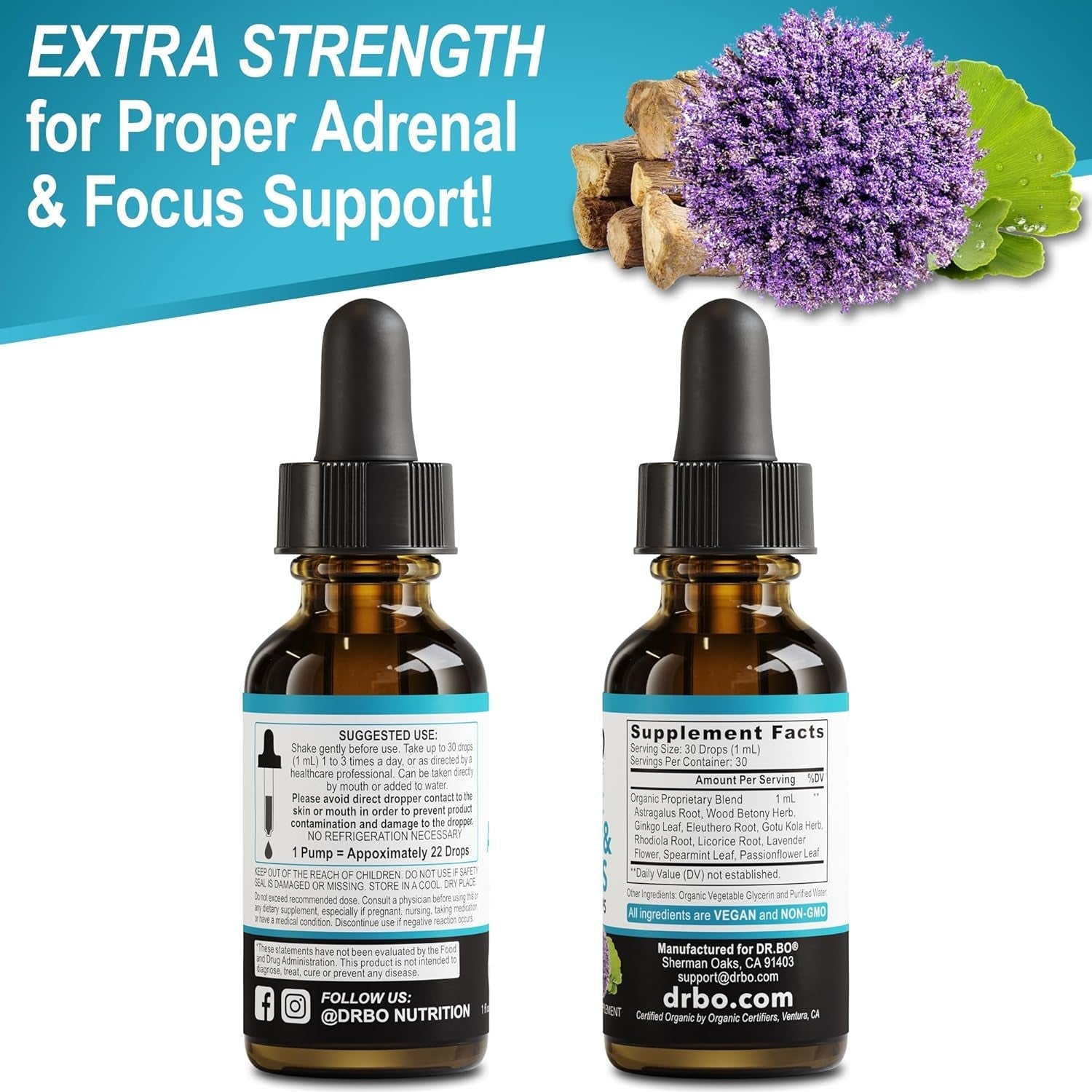 Adrenal Support Supplements Liquid Drops - Organic Adrenal and Focus Supplement, 1Oz