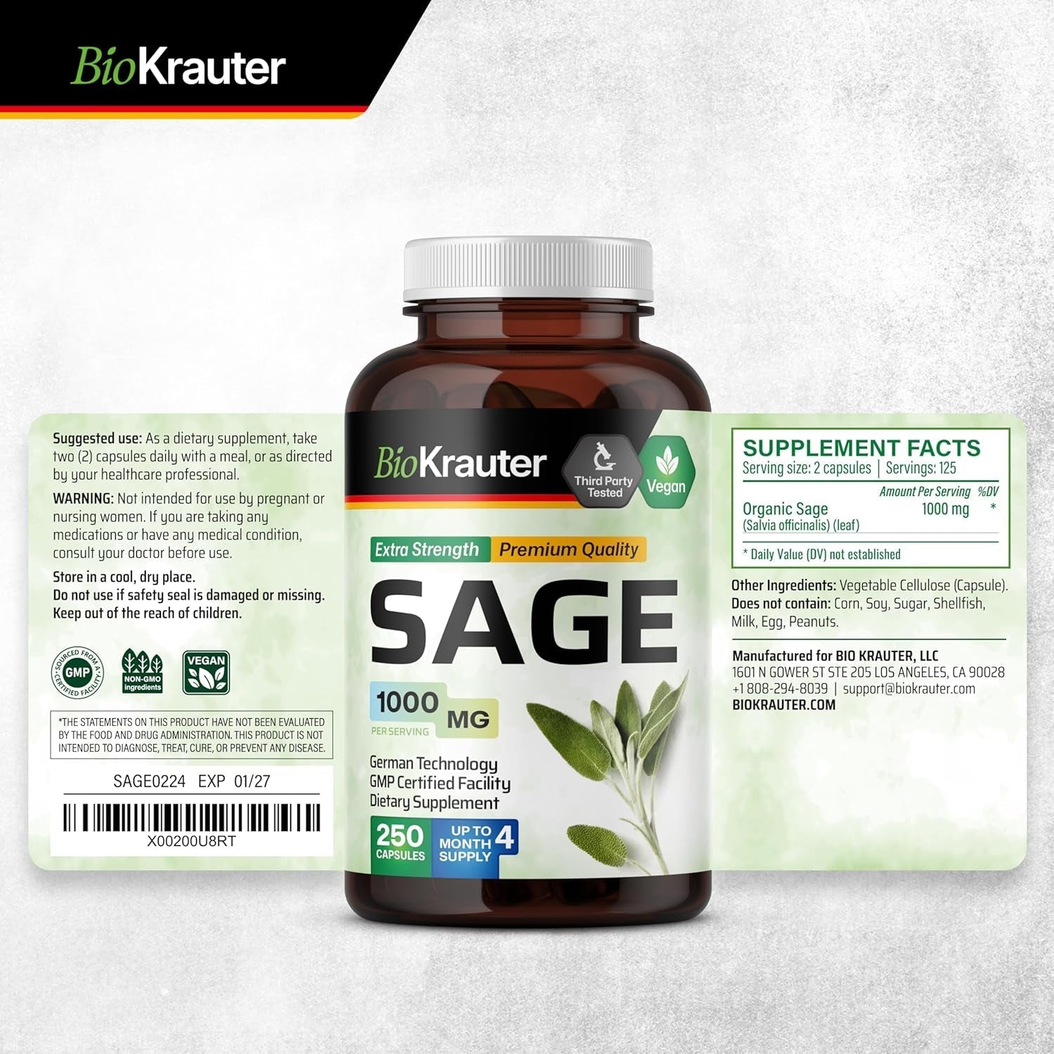 BIO KRAUTER Sage Supplement Capsules 1000 Mg - Immune & Digestive Support (250 Vegan Caps)