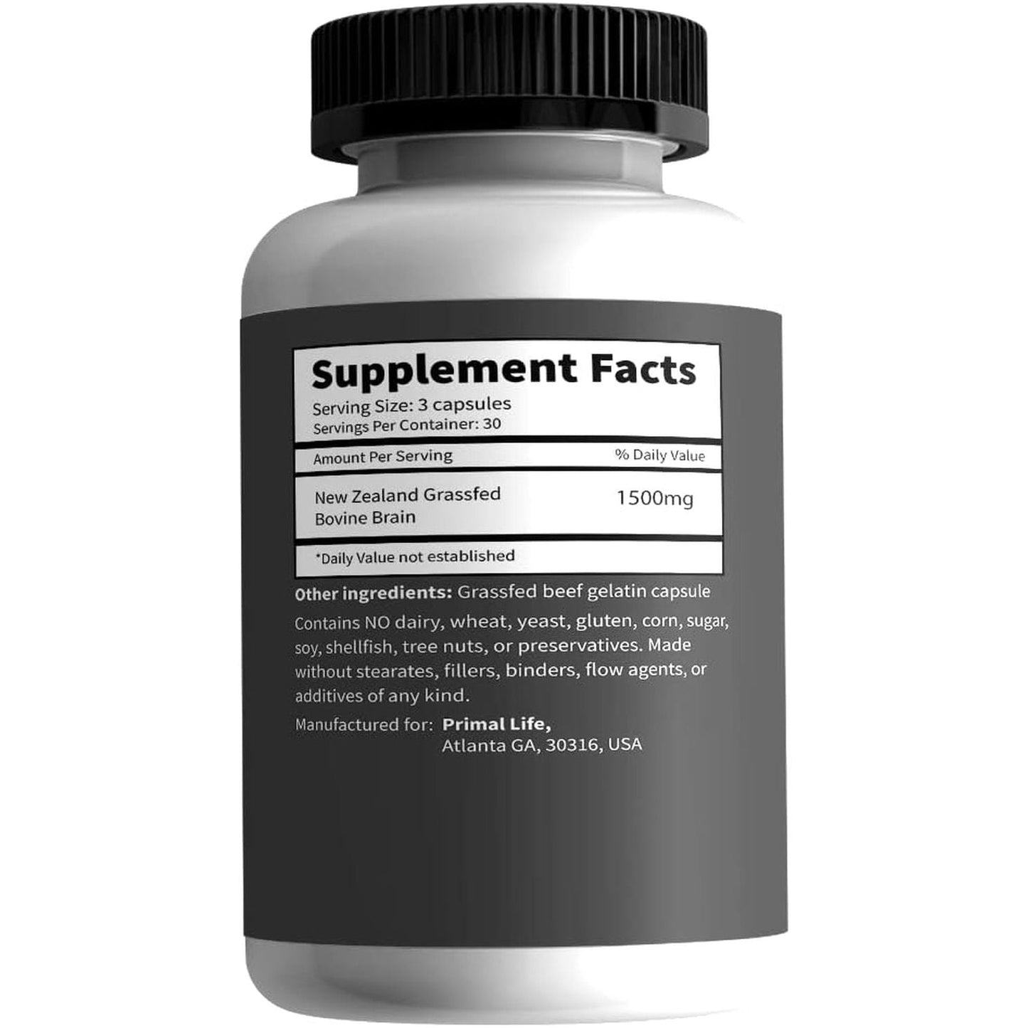 Primal Being Grassfed Beef Brain, Supports Memory, Mood, Focus, Energy, Cognitive Health - 90 Capsules, 1500Mg