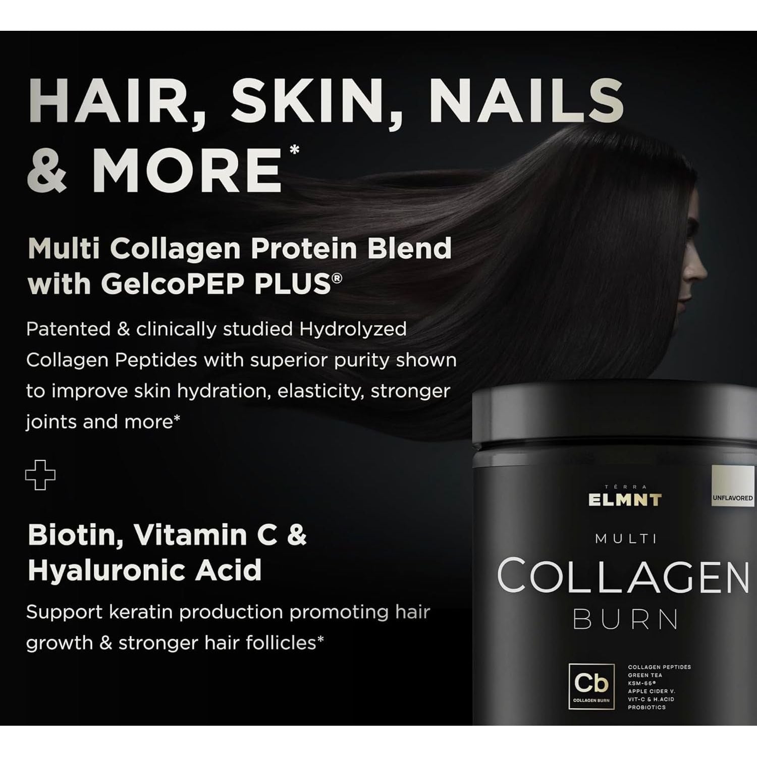 ELMNT Super Collagen Powder for Women Weight Loss + Beauty W. Probiotics, Hyaluronic Acid, ACV, KSM-66, Biotin (Unflavored)