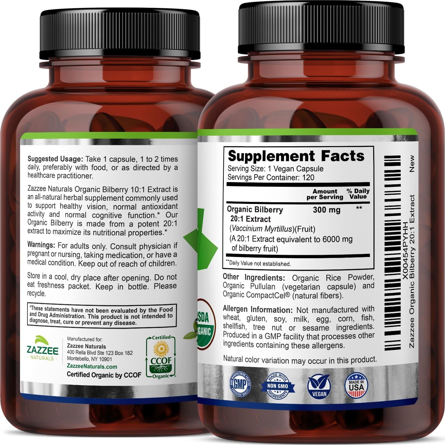 Zazzee USDA Organic Bilberry 20:1 Extract, 6000 Mg, 120 Vegan Capsules