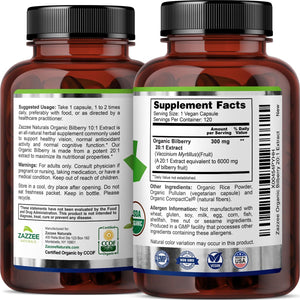 Zazzee USDA Organic Bilberry 20:1 Extract, 6000 Mg, 120 Vegan Capsules