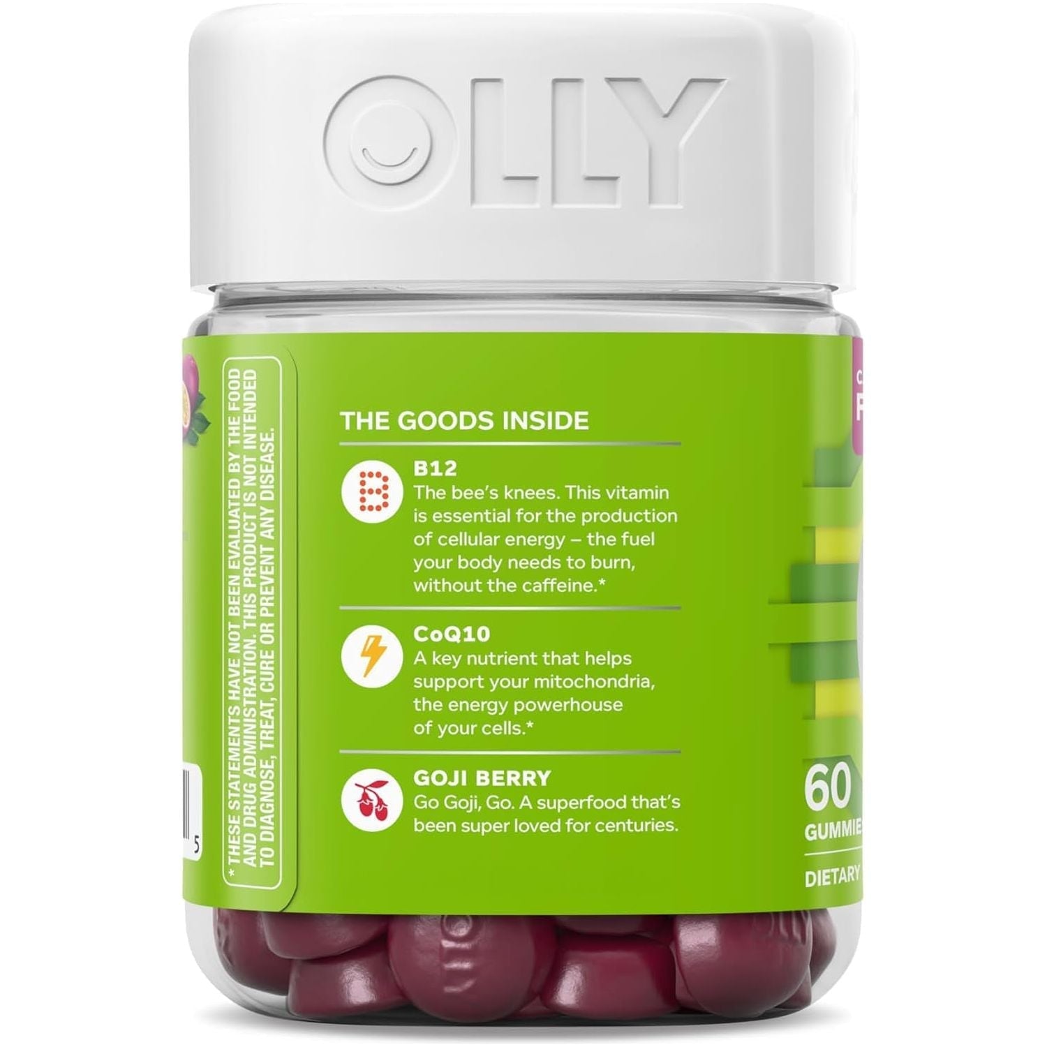 OLLY Daily Energy Gummy, Caffeine Free, Vitamin B12, Coq10, Goji Berry, Adult Chewable Supplement, Tropical Flavor - 60 Count