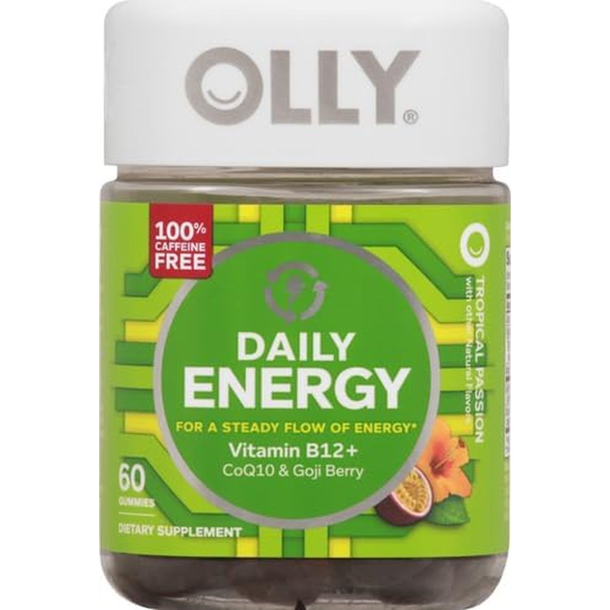 OLLY Daily Energy Gummy, Caffeine Free, Vitamin B12, Coq10, Goji Berry, Adult Chewable Supplement, Tropical Flavor - 60 Count