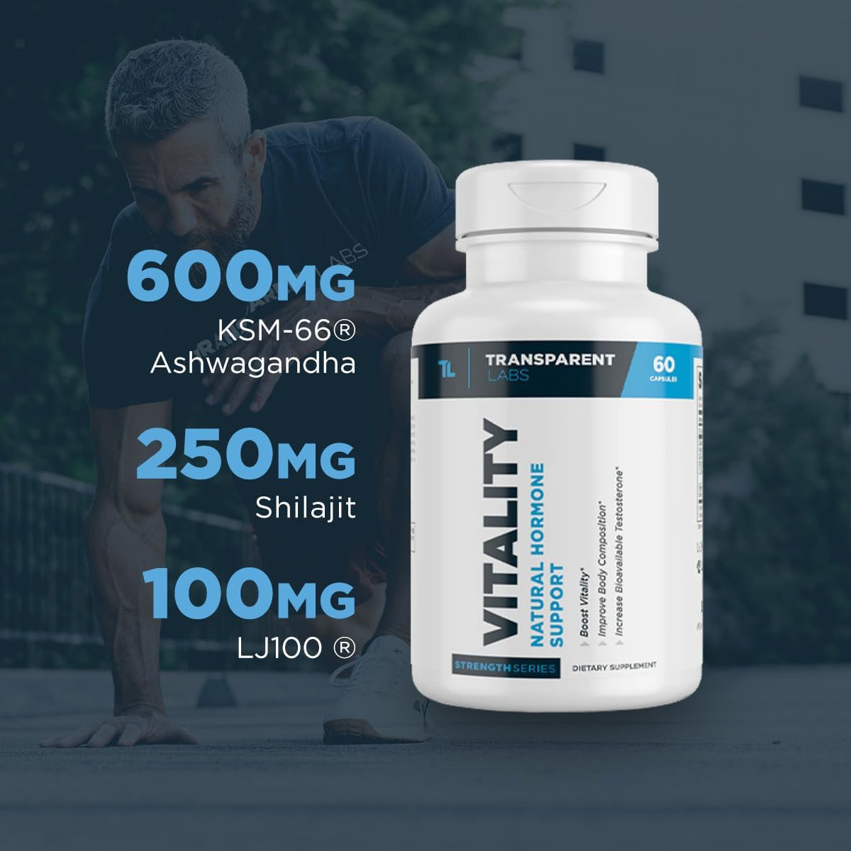 Transparent Labs Vitality Testosterone Booster with Ashwagandha KSM-66, Primavie Shilajit Extract, & DIM - 60 Count