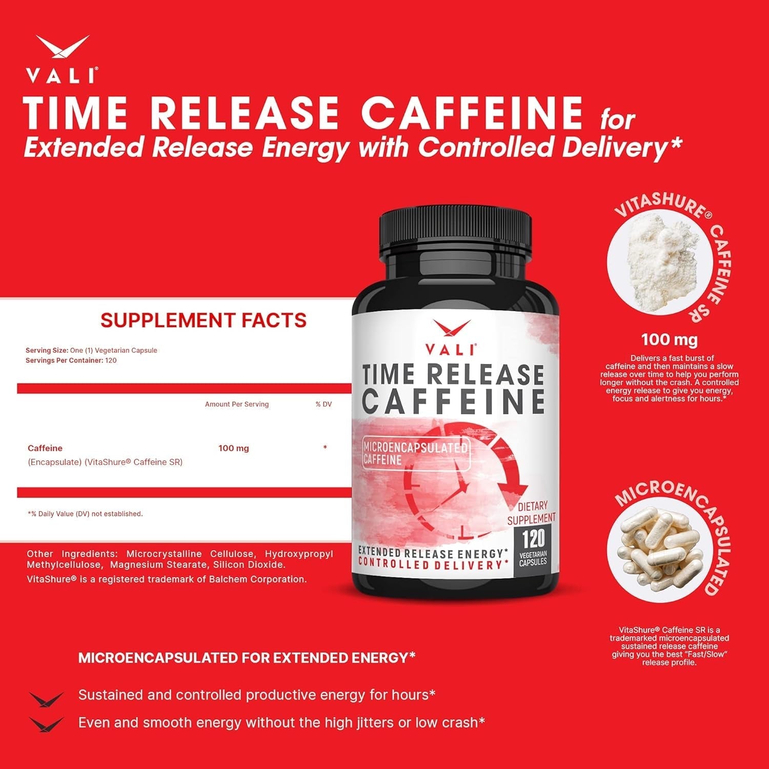 VALI Time Release Caffeine 100Mg Pills - Smart Slow Release for Extended Energy & Focus 120 Capsules