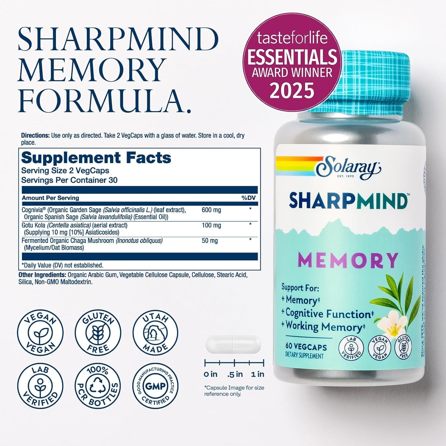 SOLARAY Sharpmind Memory Formula - Brain Supplements for Memory and Focus  30 Servings