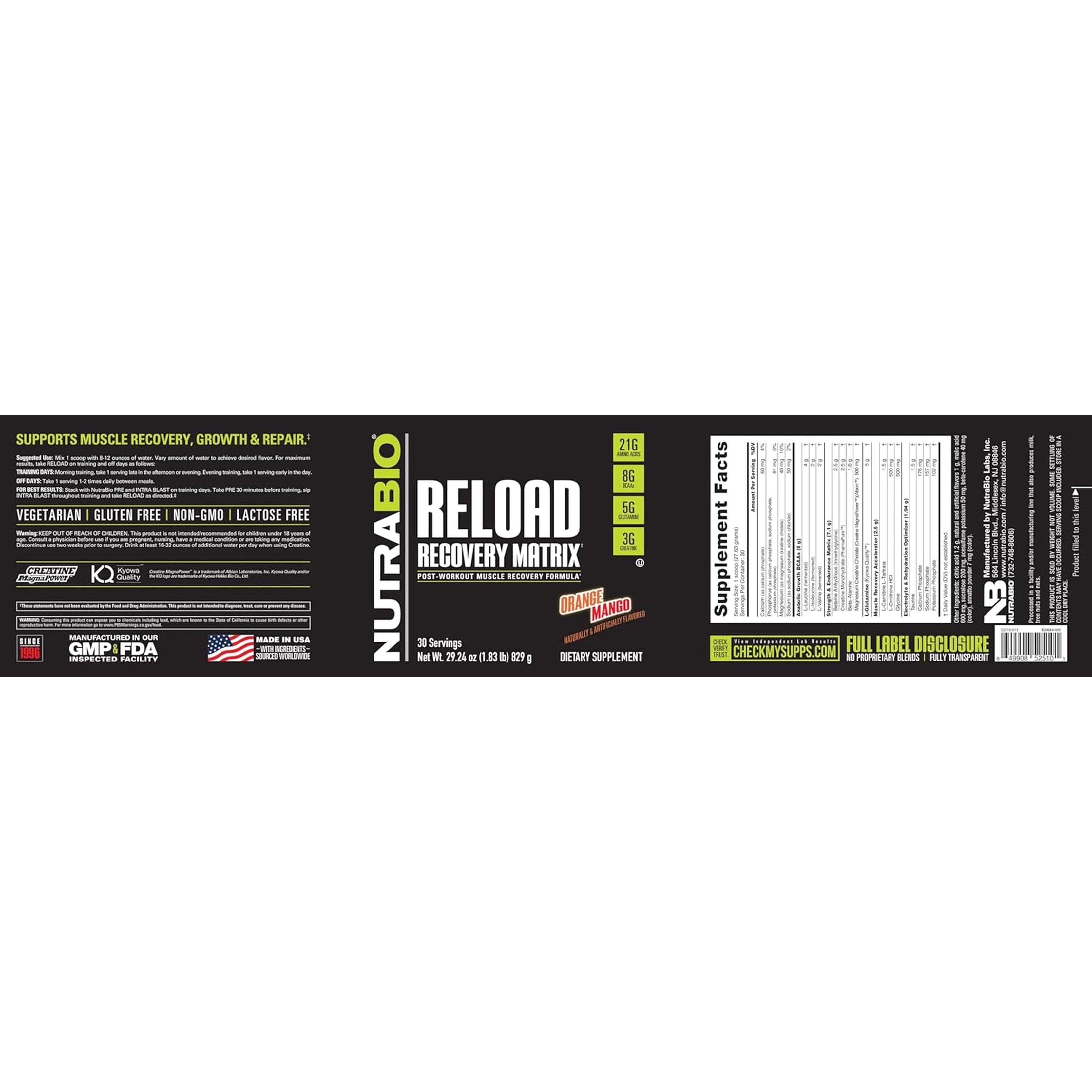 Nutrabio Reload - Powerful Muscular Recovery Formula  - 3G Creatine, 8G Bcaas, 5G Glutamine - 30 Servings, Orange Mango