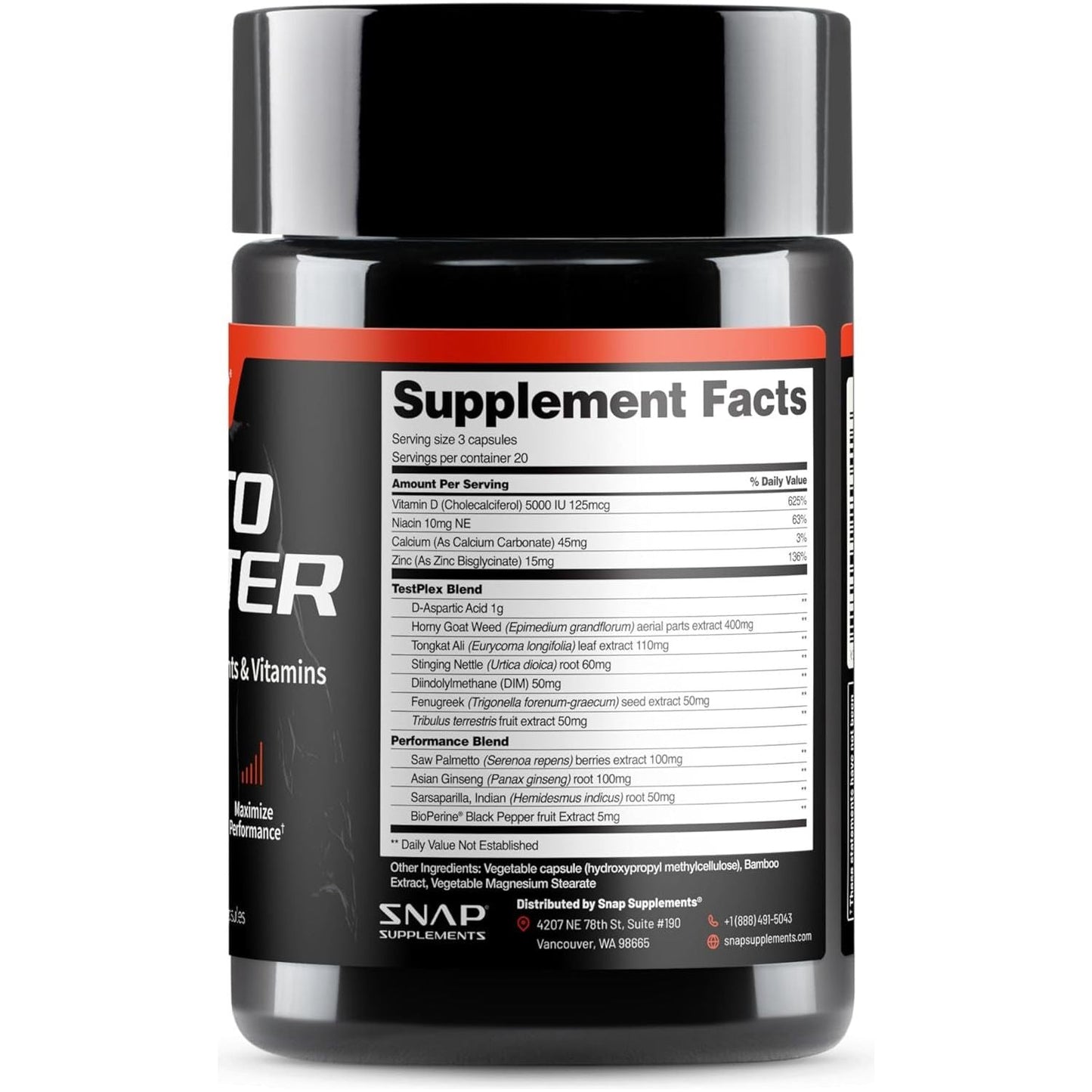 Snap Testosterone Booster for Men - Promotes Muscle Growth, Enhancing Natural Energy, Stamina and Strength 60 Capsules