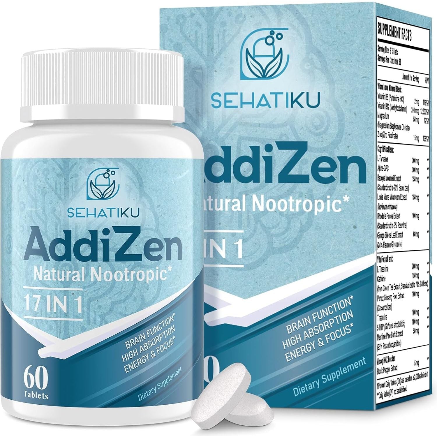 17-In-1 Brain Supplement for Memory and Focus | Natural Nootropics Brain Supplement for Brain Cognition, Energy 60 Tablets
