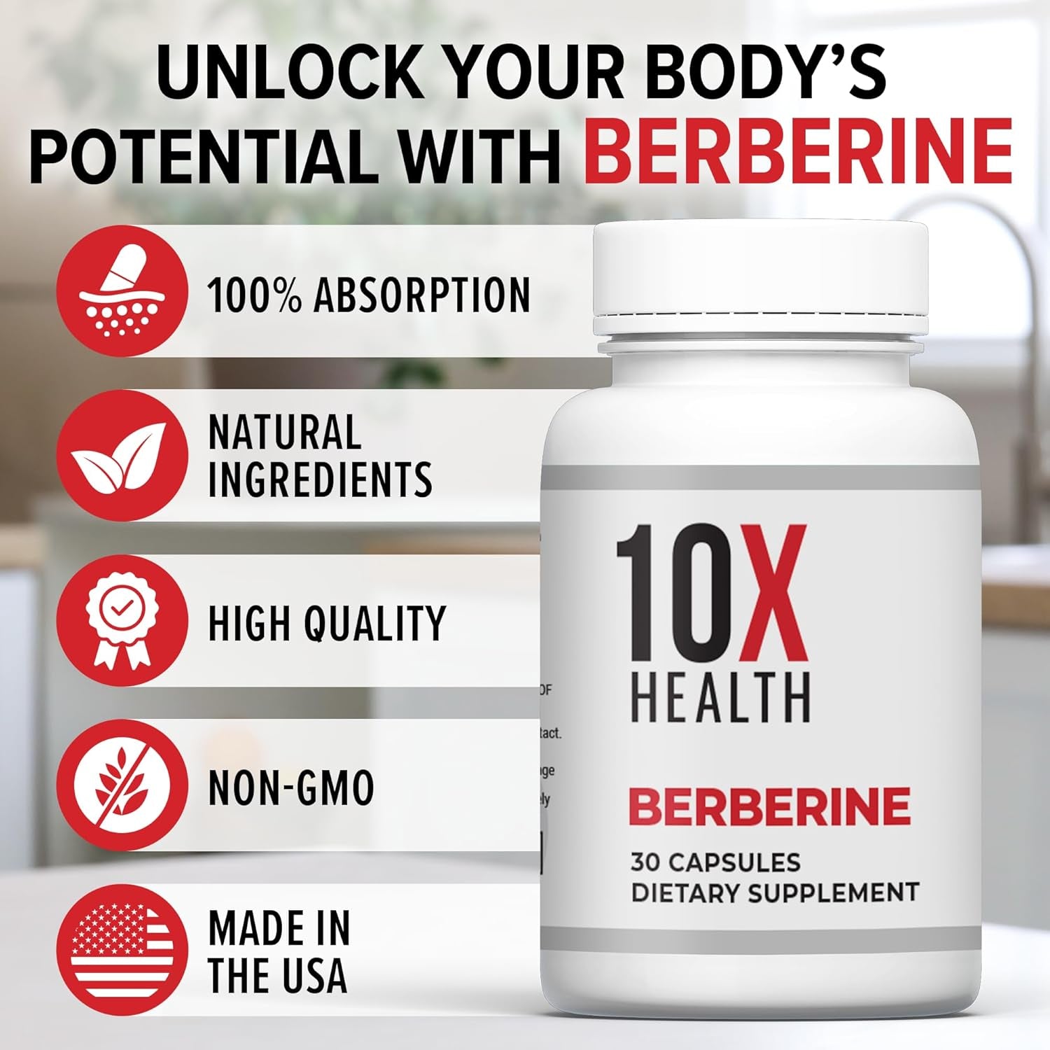 10X Health Berberine Supplement 500Mg - Supports Cardiovascular & Gut Health Supplements - 30 Capsules