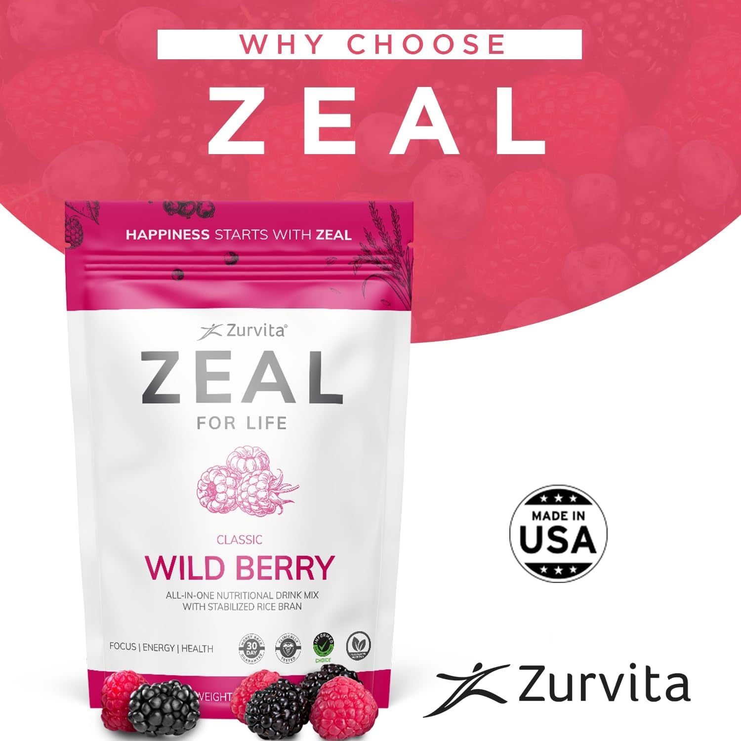 Zurvita - Zeal for Life 30-Day Wellness Bag - Nutritional Supplement for Vitality, Immunity, and Wellness - 420 Grams Wild Berry (Classic)