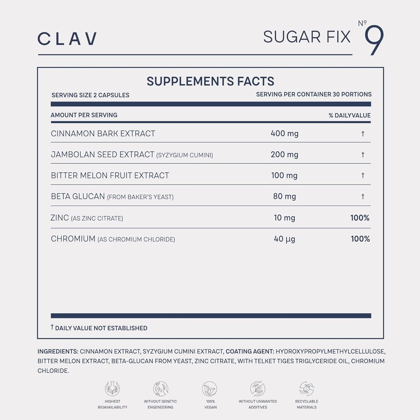 CLAV® N°9 - Cinnamon Extract + Bitter Melon Capsules with Syzygium Cumini, Beta Glucan & Chromium - Vegan - 60 Count