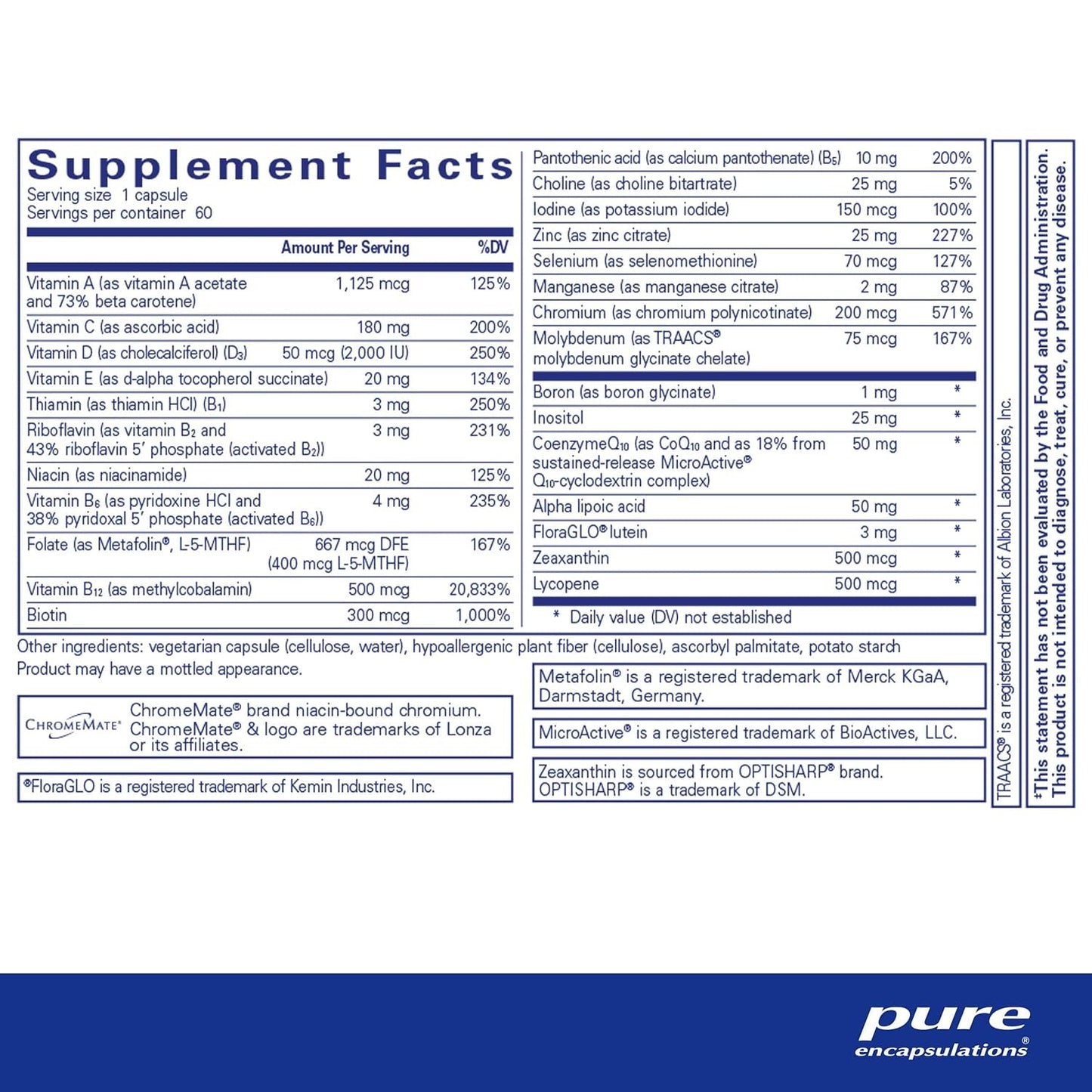 Pure Encapsulations O.N.E. Multivitamin with Antioxidant Complex to Support Vision, Cognitive Function, and Cellular Health* - 60 Capsules
