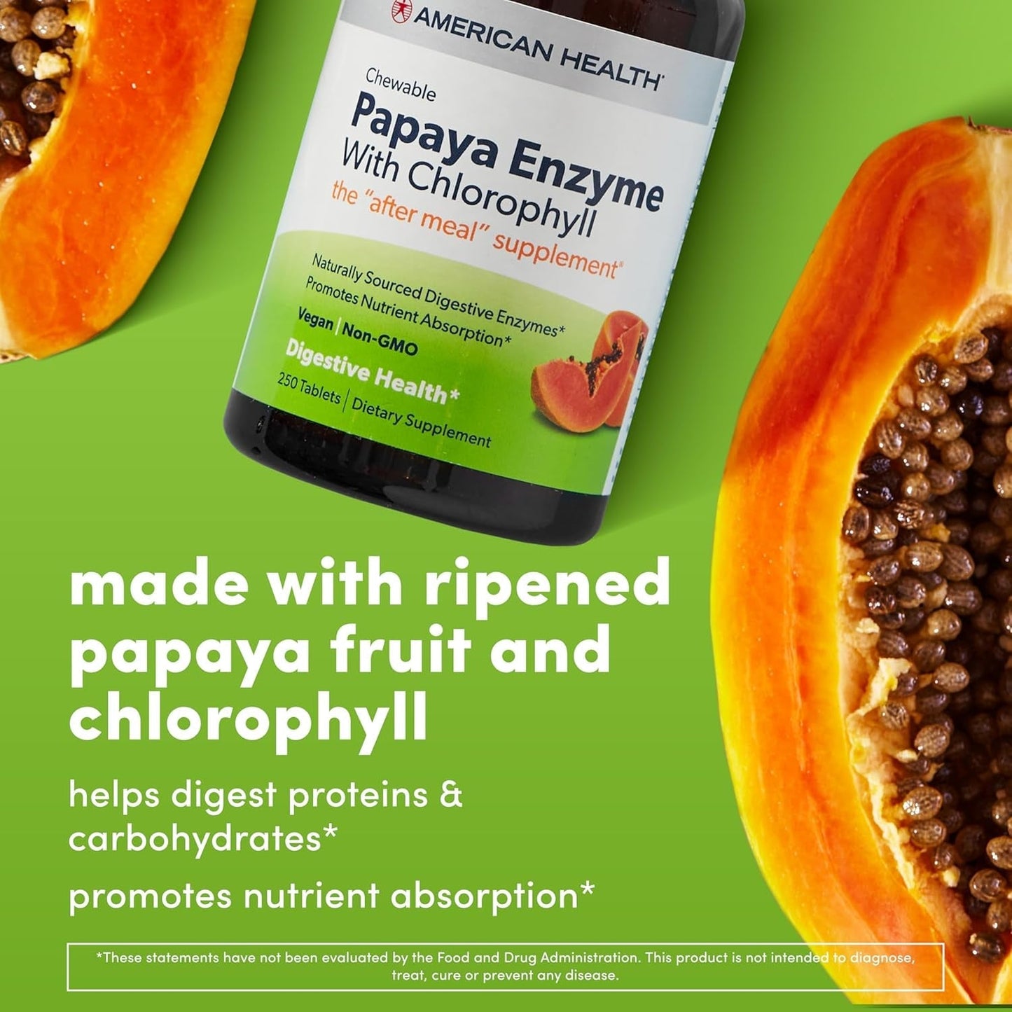 American Health Papaya Enzyme with Chlorophyll Chewable Tablets - 600 Count/200Servings