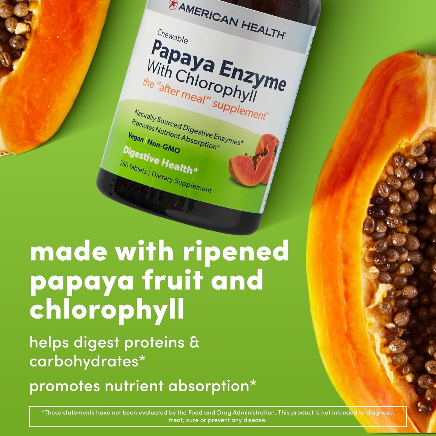 American Health Papaya Enzyme with Chlorophyll - Promotes Nutrient Absorption - 100 Chewable Tablets
