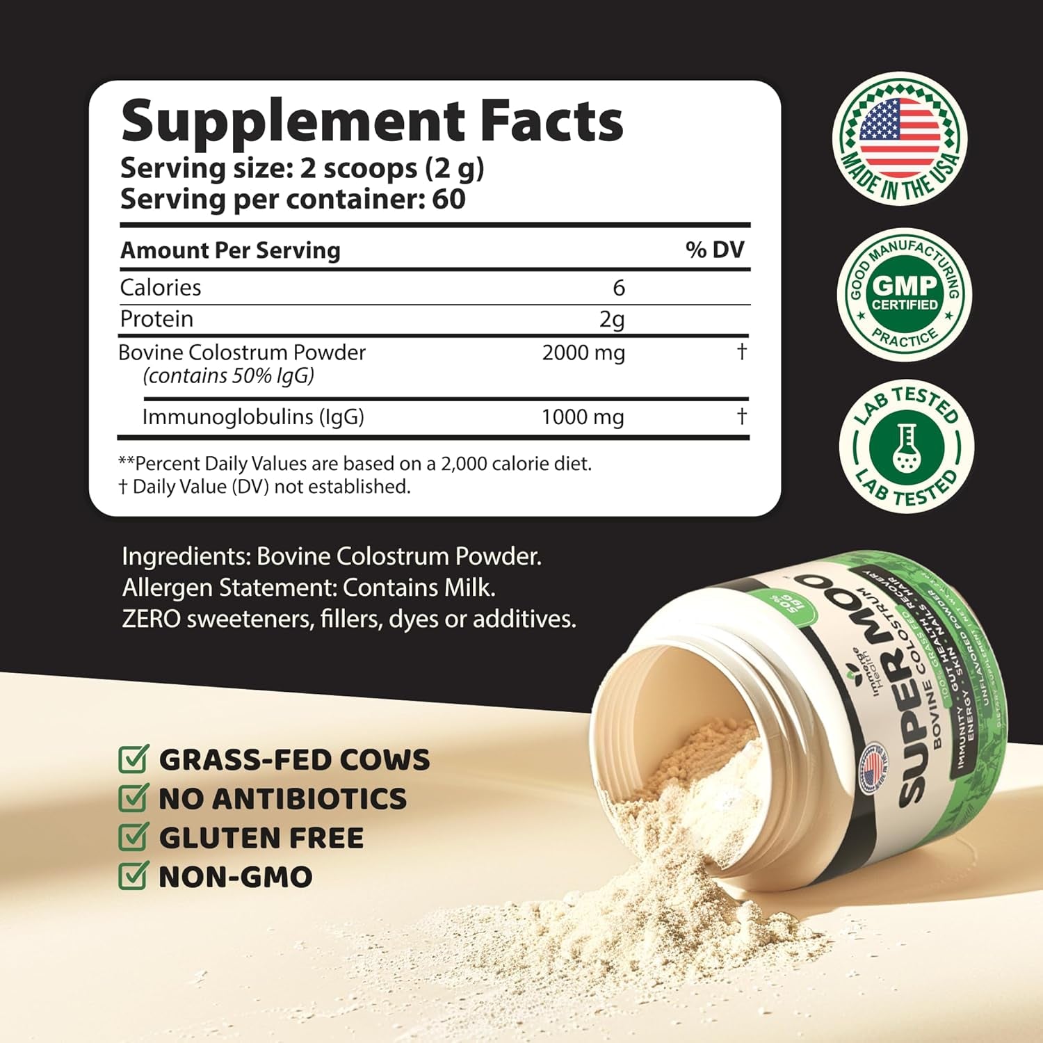 Super MOO Grass Fed Bovine Colostrum Powder for Bloating, Immune, Energy, Gut Health Hair, Skin and Nails 