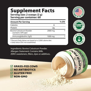Super MOO Grass Fed Bovine Colostrum Powder for Bloating, Immune, Energy, Gut Health Hair, Skin and Nails 
