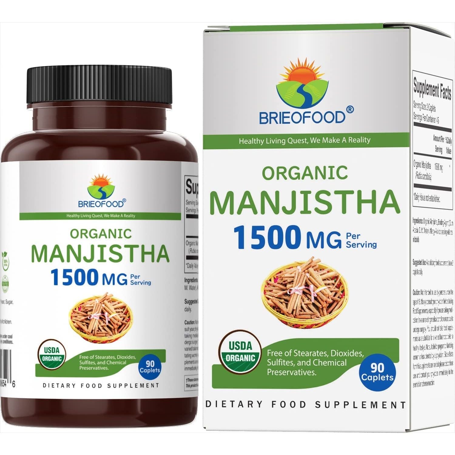 Brieofood Organic Manjistha 1500Mg, 45 Servings, Vegetarian, Gluten Free