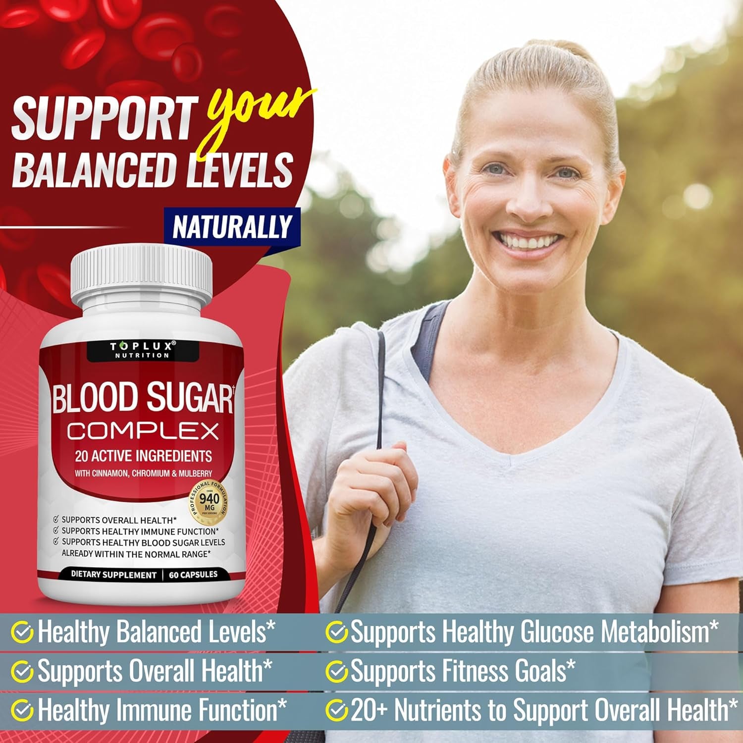 Blood Sugar Complex Supplement - Supports Healthy Blood Sugar Levels Already within Normal Range 60 Capsules