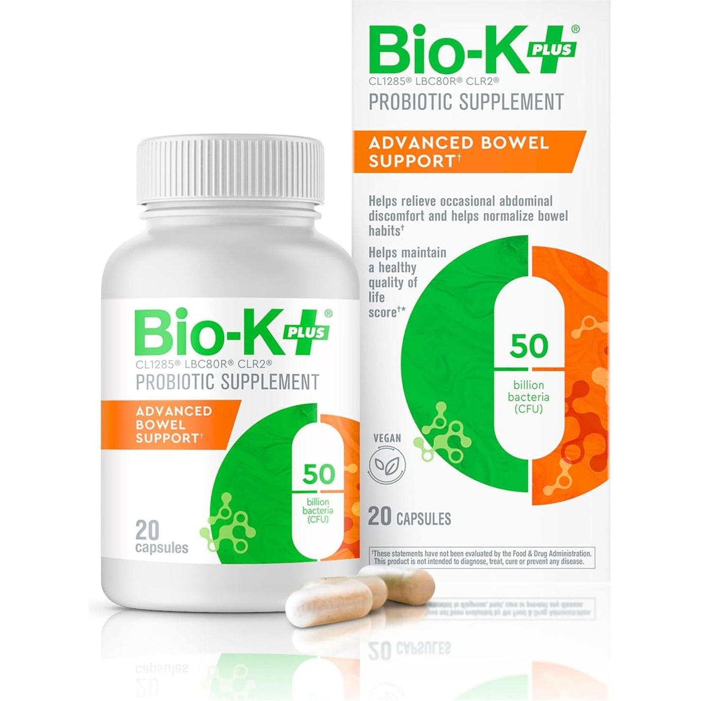 Bio K+ Advanced Bowel Support – Vegan Probiotic Supplement for Digestion Support 50 Billion CFU 3 Strains – 20 Capsules