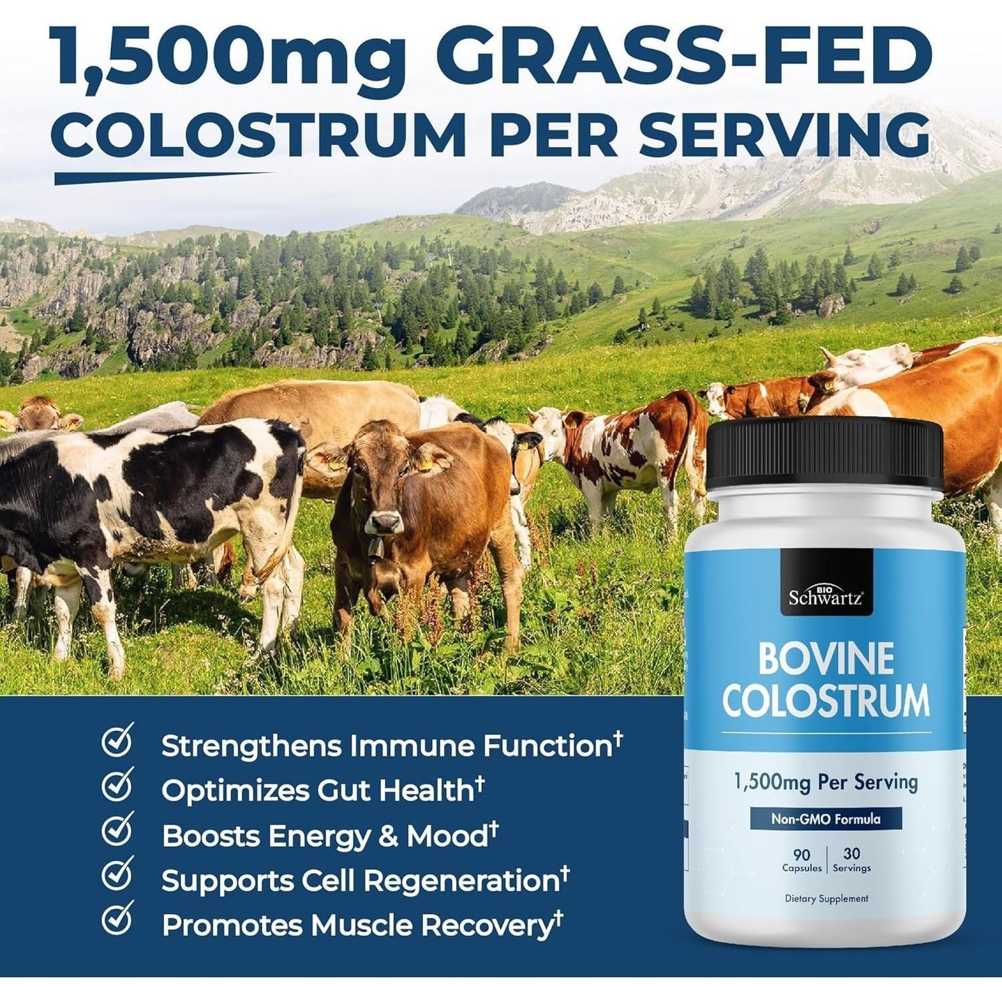 Colostrum Supplement Extra Strength 1500Mg from Bovine First Milking, Supports Gut Health and Immunity 90 Count