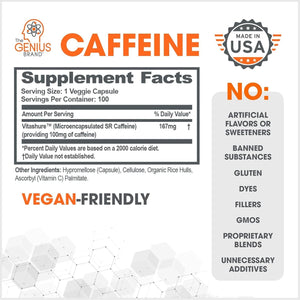 Genius Caffeine Pills 100Mg, Extended-Release Microencapsulated Caffeine Pills 100 Capsules