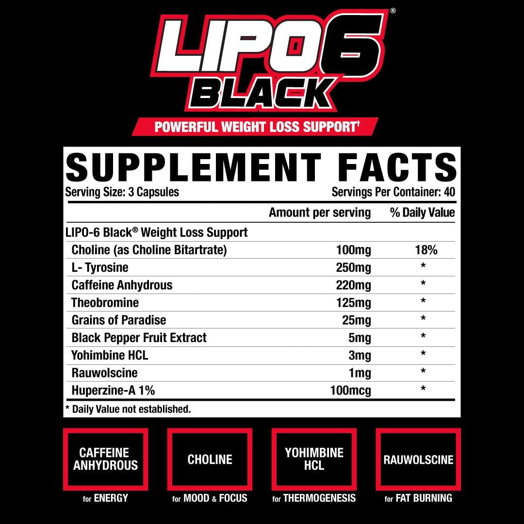 Nutrex Lipo-6 Black Max Strength Fat Burner - Fast Acting Energy, Weight Loss Diet Pills 120 Capsules