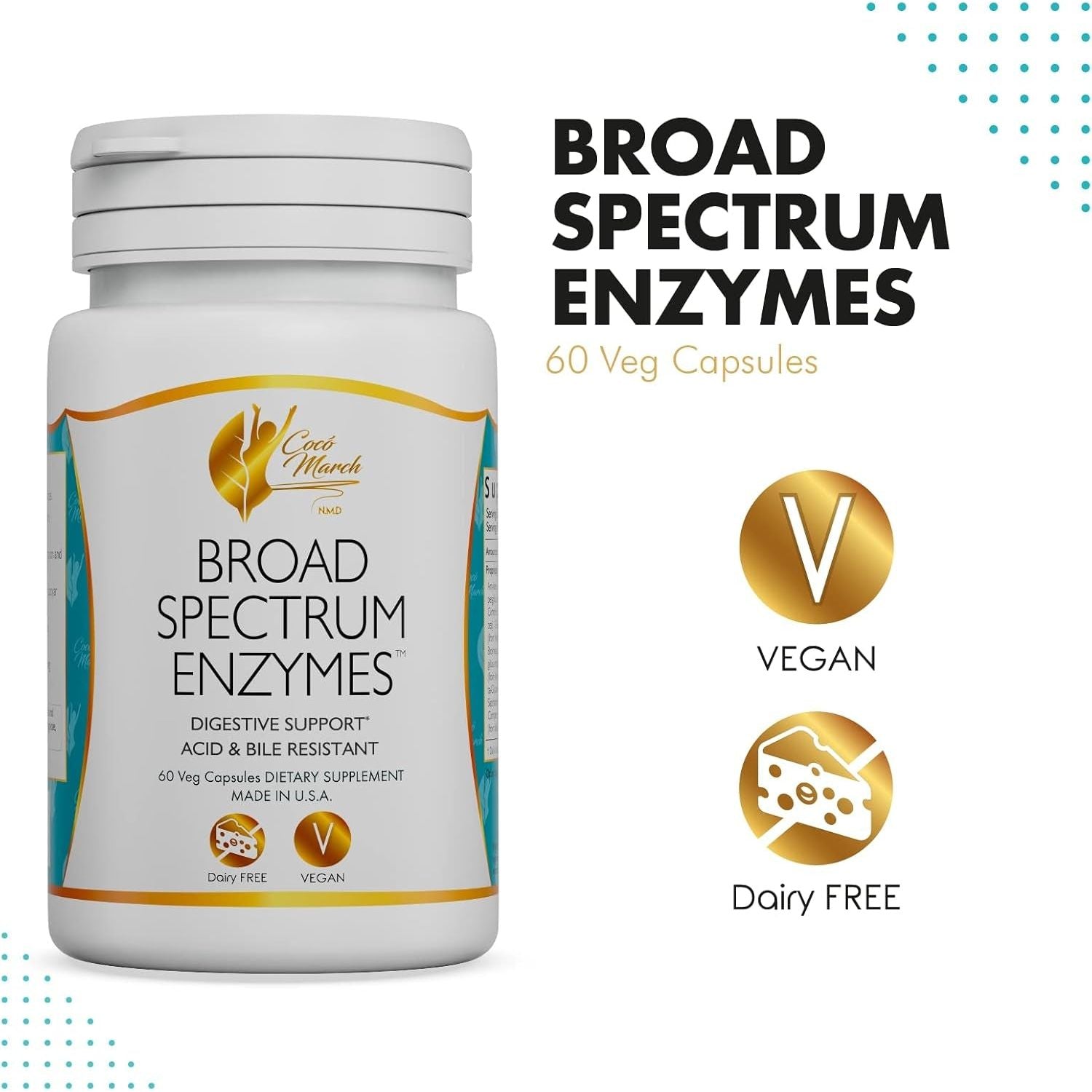 Coco March Broad Spectrum Enzymes- 18 Enzymes for Gluten-Lactose-Digestive Support 460 Mg Proprietary Blend, 60 Capsules