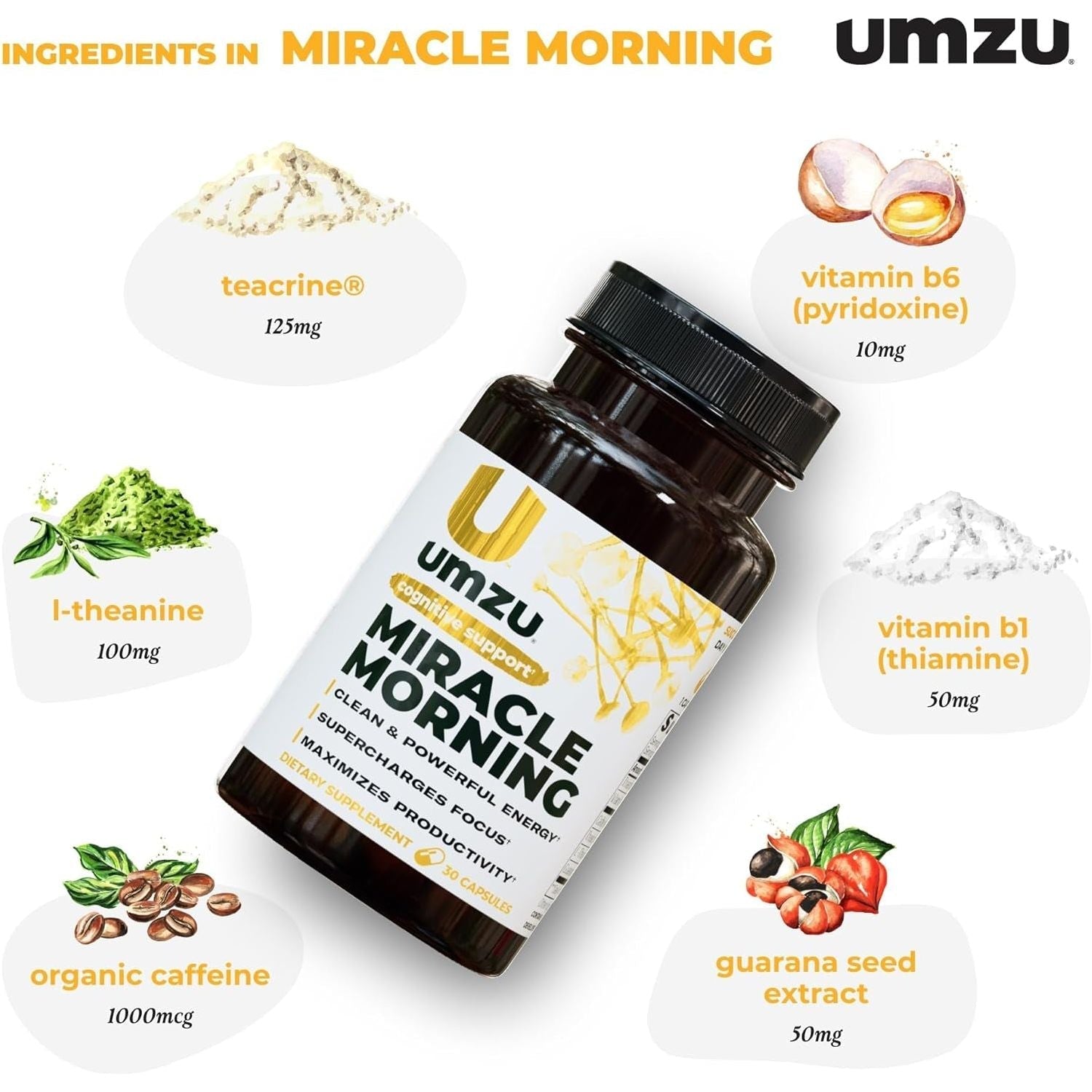 UMZU Miracle Morning Energy Supplement with Caffeine & Energy Enhancers 150Mg (30 Capsules)