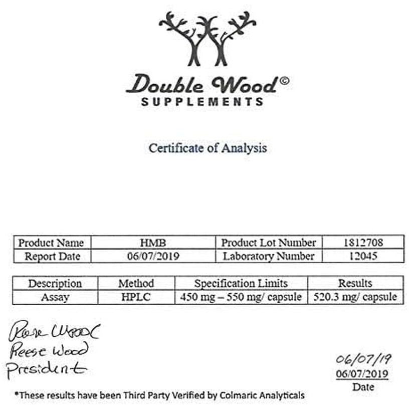 Double Wood HMB Supplement, Third Party Tested, Non-Gmo, Gluten Free, 120 Capsules, 1000Mg per Serving
