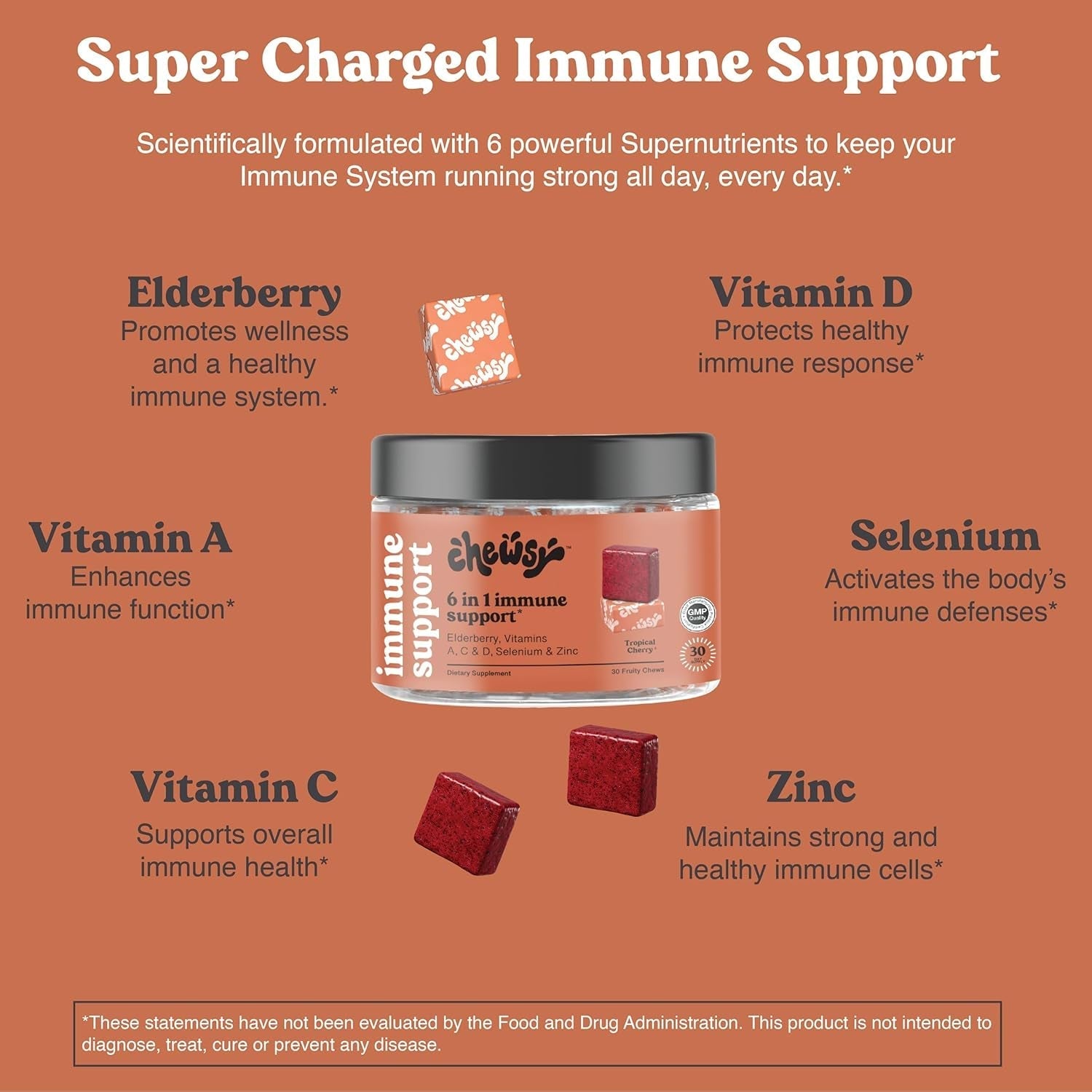 Chewsy 6-In-1 Immune Support Supplement Fruity Chews - 30-Day Supply