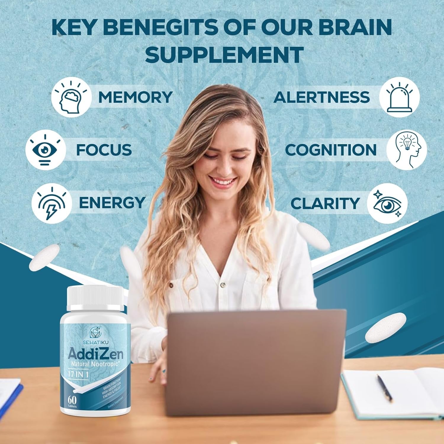 17-In-1 Brain Supplement for Memory and Focus | Natural Nootropics Brain Supplement for Brain Cognition, Energy 60 Tablets