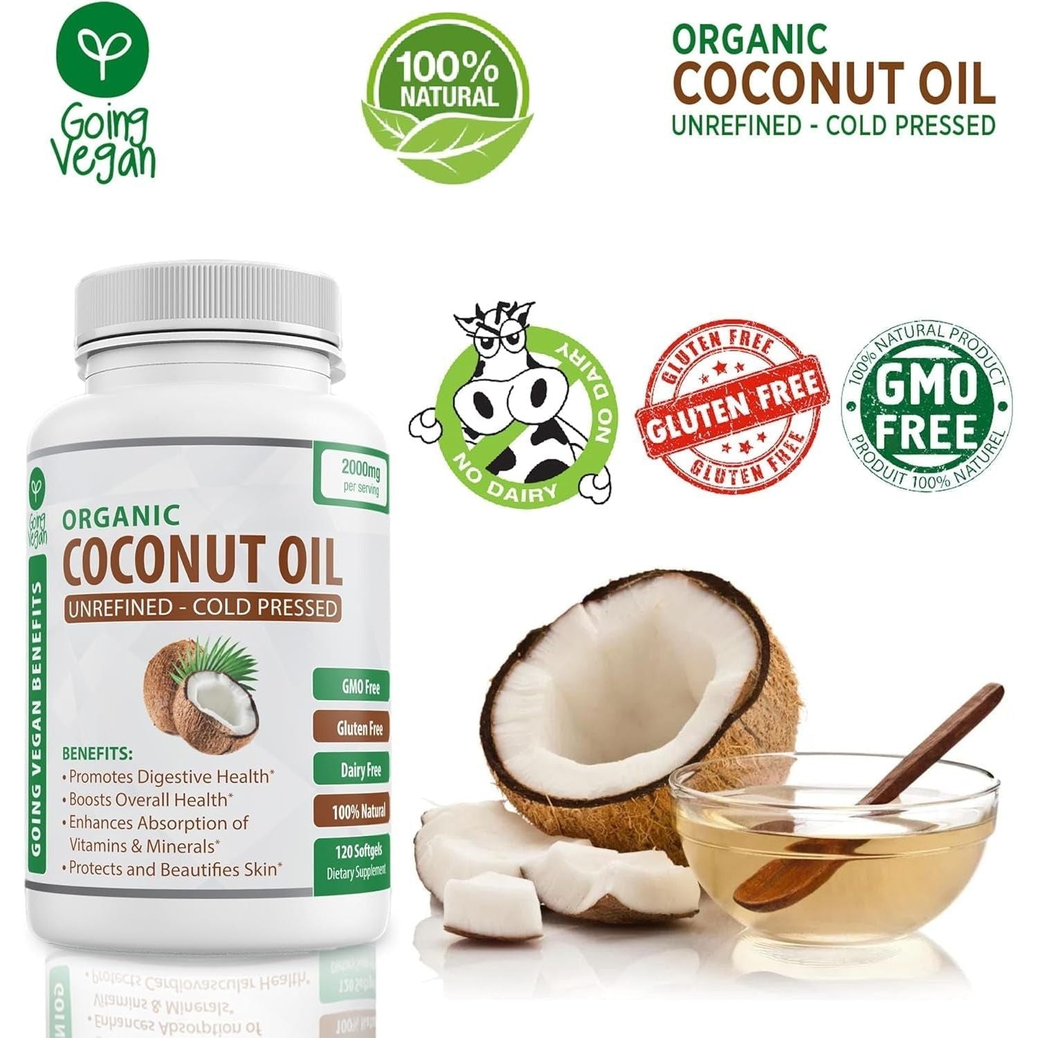 Organic Coconut Oil Capsules - Cold Pressed for Healthy Skin, Extra Hair Growth, Nail Care, Brain Booster - 120 Softgels/2000Mg 