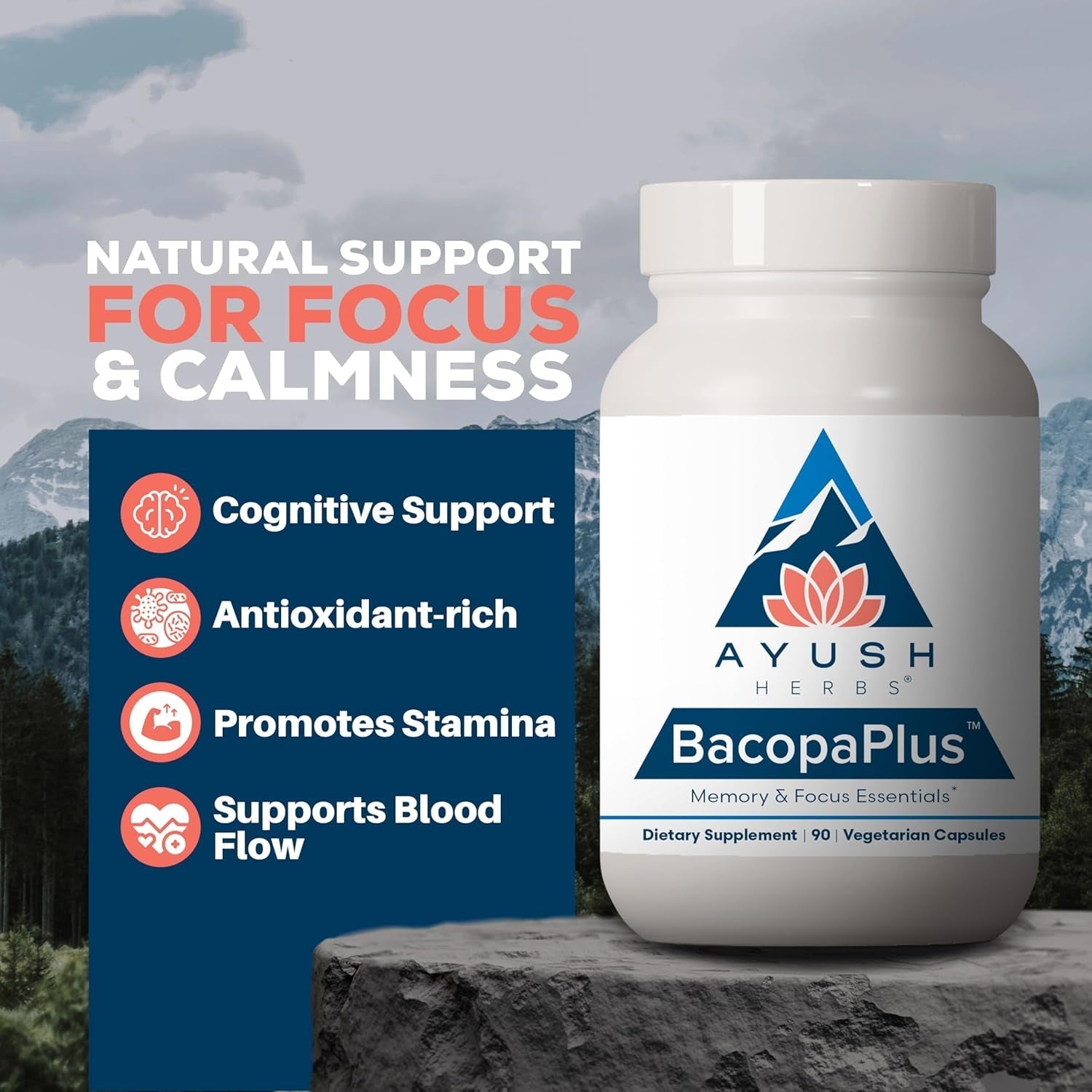 Ayush Herbs Bacopaplus - Bacopa Supplements, Organic Bacopa for Memory & Focus, Cognitive Support Pill 90 Capsules