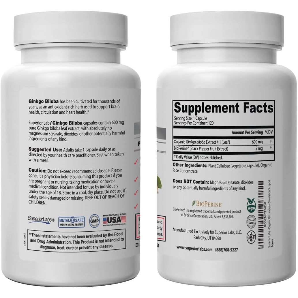 Superior Labs - Ginkgo Biloba - Supports Brain and Heart Health 1200Mg, 120 Vegetable Capsules 