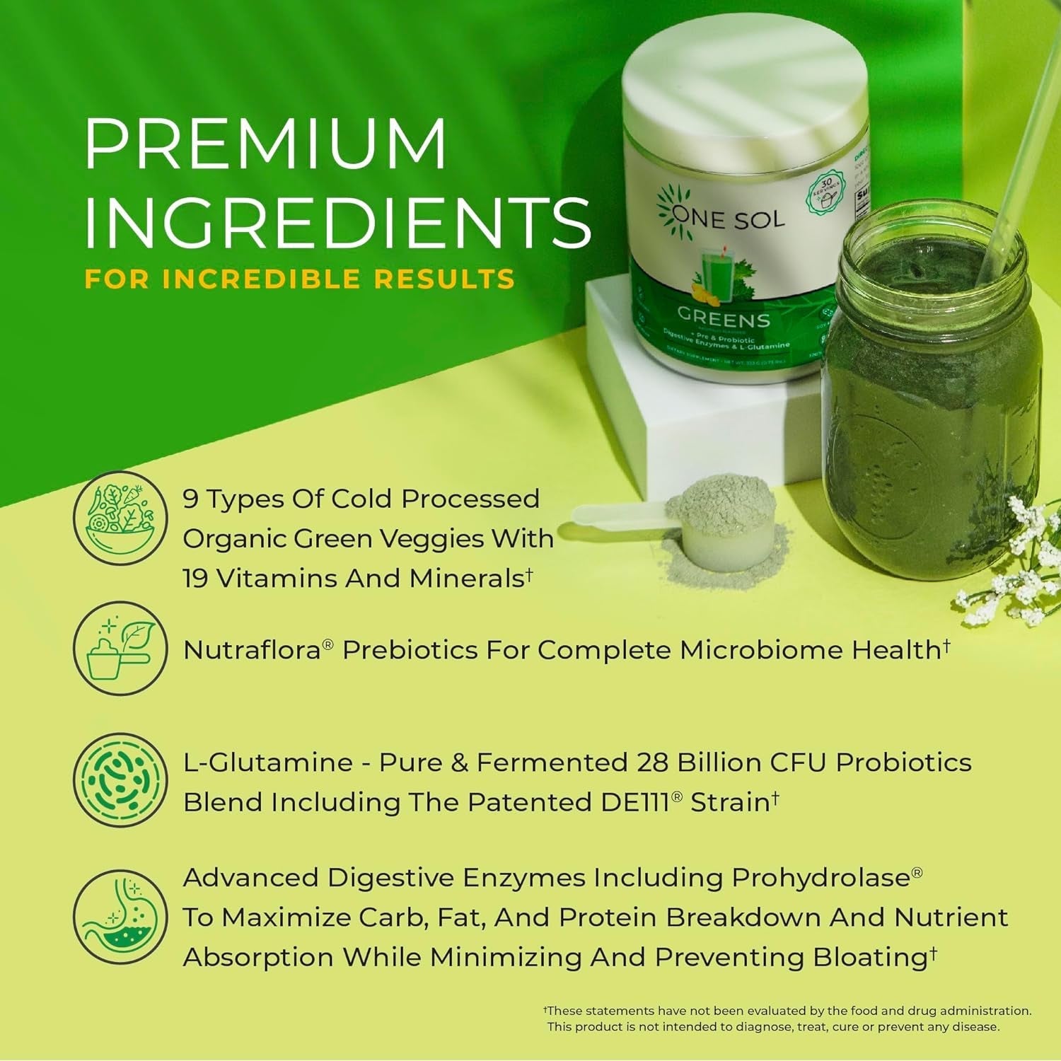 One Sol Greens, Super Greens Powder to Reduce Bloating & Improve Gut Health