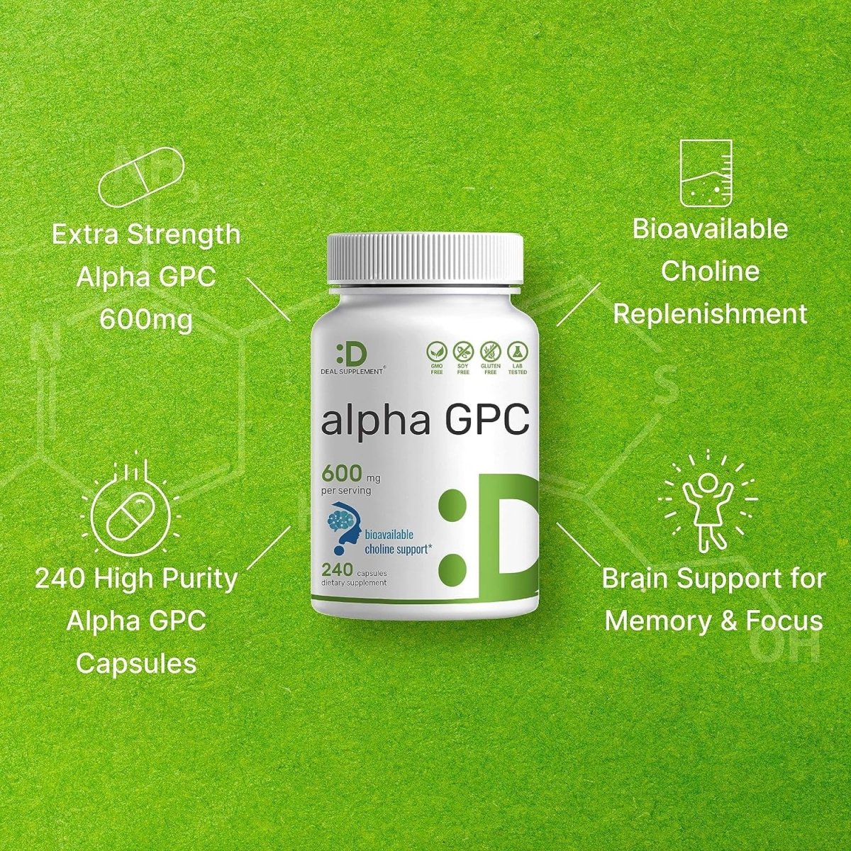 DEAL SUPPLEMENT Alpha GPC 600Mg,240 Capsules – Nootropic Brain Health Supplements for Memory and Focus - Suppviv