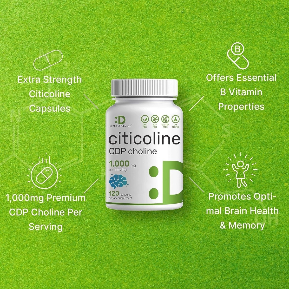 DEAL SUPPLEMENT Citicoline CDP Choline, 1,000Mg per Serving, 120 Capsules - Suppviv